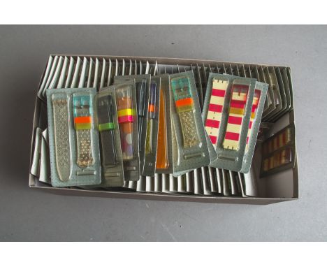 90-teiliges Konvolut von Uhrenarmbändern (Swatch, Schweiz), div. Modelle, je inOrig.-Verpackung. Bitte besichtigen.