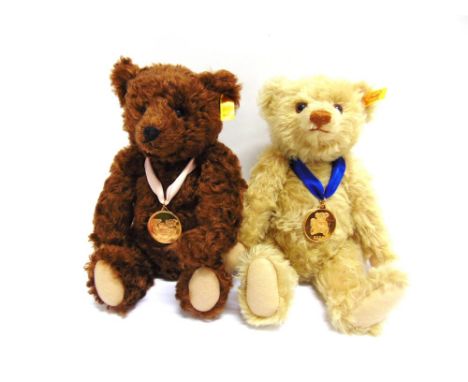 TWO STEIFF FOR DANBURY MINT COLLECTOR'S YEAR BEARS, 2004 & 2005 each with neck medal, approximately 29cm high.