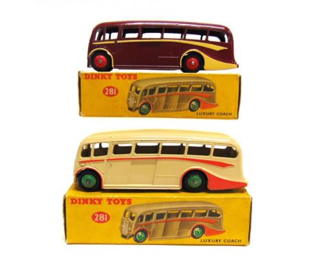 TWO DINKY NO.281, LUXURY COACHES the first cream with orange side flashes and green ridged hubs, near mint, boxed, the box ge