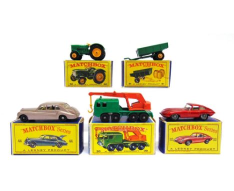 FIVE MATCHBOX 1-75 SERIES MODELS comprising a No.32, E Type Jaguar, metallic red, near mint, boxed, the box very good; No.44,