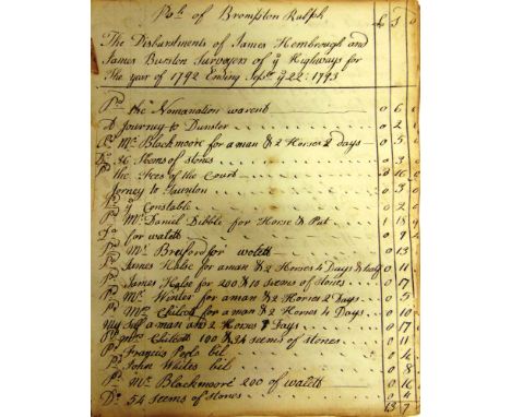 [SOMERSET]. A MANUSCRIPT ACCOUNT BOOK RELATING TO THE HIGHWAYS IN THE PARISH OF BROMPTON RALPH covering the period circa 1778