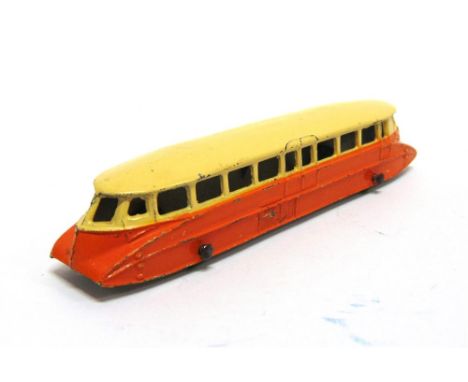 A PRE-WAR DINKY NO.26, G.W.R. RAIL CAR lead body, cream over orange, green plastic roller wheels, excellent condition.