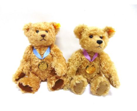 TWO STEIFF FOR DANBURY MINT COLLECTOR'S YEAR BEARS, 2002 & 2003 each with neck medal, approximately 29cm high.