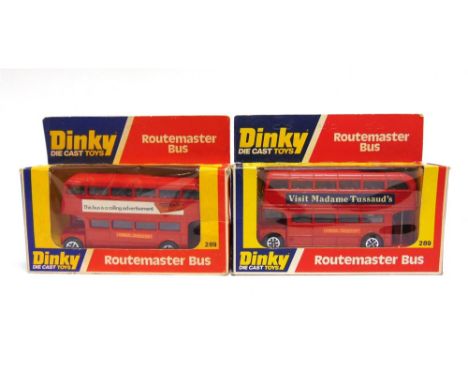 TWO DINKY NO.289, ROUTEMASTER BUSES the first red, with 'Rizla' adverts, pale blue upper deck seats, mid blue lower deck seat