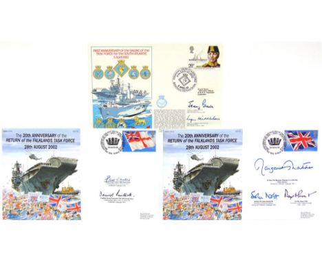 STAMPS - THREE ROYAL NAVY 'FALKLANDS WAR' COMMEMORATIVE COVERS  the first signed by Margaret Thatcher, Sir John Nott (Secreta