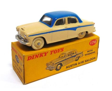 A DINKY NO.176, AUSTIN A105  two-tone mid blue and cream with mid blue side stripes, cream ridged hubs, white M tyres, near m