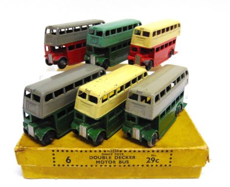 A PRE-WAR TRADE BOX OF SIX NO.29C DOUBLE DECKER MOTOR BUSES the yellow box with printed code 'A2226' to the ends and 'BW1214 