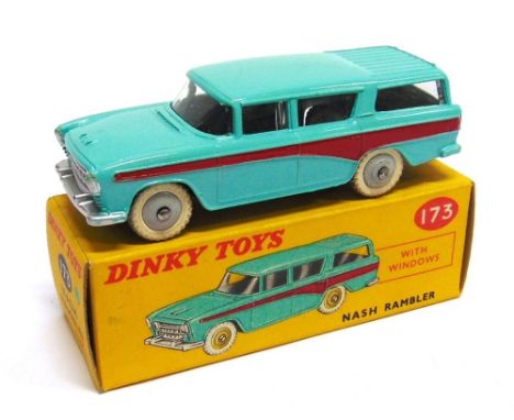 A DINKY NO.173, NASH RAMBLER turquoise with crimson side stripes, grey ridged hubs, white M tyres, near mint (with enhanced r