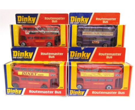 FOUR DINKY NO.289, ROUTEMASTER BUSES the first red, with 'Dinky Toys' adverts, pale blue upper deck seats, mid blue lower dec