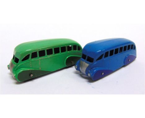 TWO DINKY NO.29B, STREAMLINED BUSES the first mid blue with darker blue spats, closed rear window, smooth black tyres, very g