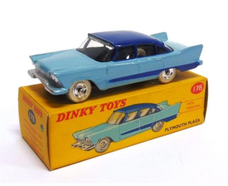 A DINKY NO.178, PLYMOUTH PLAZA two-tone blue with dark blue side flashes, spun hubs, white M tyres, near mint, boxed, the box