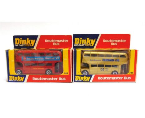 TWO DINKY NO.289, ROUTEMASTER BUSES the first gold, with 'Thollembeek & Fils' adverts, pale blue upper deck seats, mid blue l