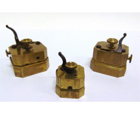 THREE 19TH CENTURY BRASS SCARIFICATORS the first by Wright, of 18 London Road, London, with a steel trigger firing ten blades