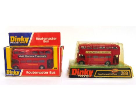 TWO DINKY NO.289, ROUTEMASTER BUSES the first red, with 'Madame Tussauds' adverts (blue lettering on white), white seats, wit
