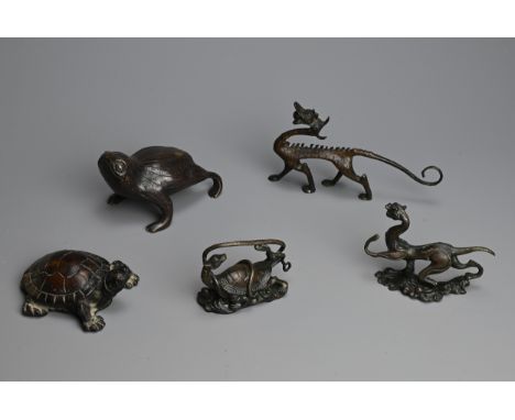 A GROUP OF CHINESE BRONZE AND WOOD ITEMS, 20TH CENTURY. To include a carved wood model of a turtle; A bronze model of a toad;