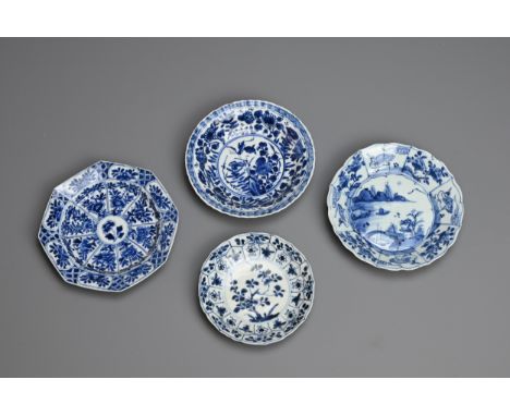 A GROUP OF FOUR CHINESE BLUE AND WHITE PORCELAIN DISHES, EARLY 18TH CENTURY. Of various lobed forms decorated with floral and