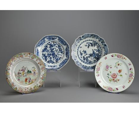 FOUR CHINESE PORCELAIN DISHES, 18TH CENTURY.  The first decorated in famille rose with ladies and children in landscape scene