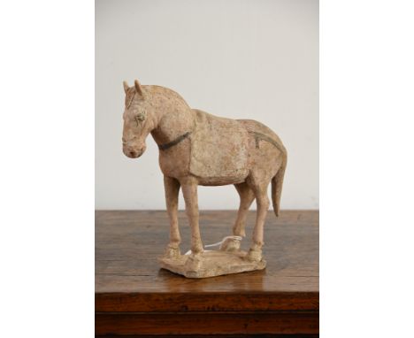 A CHINESE PAINTED POTTERY MODEL OF A HORSE, TANG DYNASTY. Modelled standing four square, decorated with red black and white p
