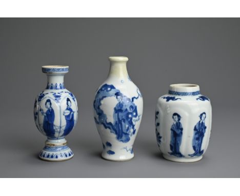 THREE CHINESE BLUE AND WHITE PORCELAIN ITEMS, 18TH CENTURY. Of varying forms decorated with Long Eliza and floral sprays. One