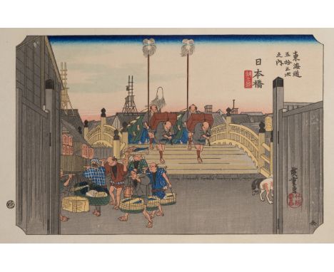 JAPANESE WOODBLOCK PRINT, AFTER UTAGAWA HIROSHIGE, PROBABLY 20TH CENTURY. Titled 'Nihonbashi'. Morning View of Nihon Bridge, 