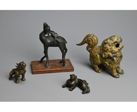 A GROUP OF CHINESE BRONZE ITEMS, QING DYNASTY AND LATER. To include a model of a deer with its head turned upwards, 18/19th c