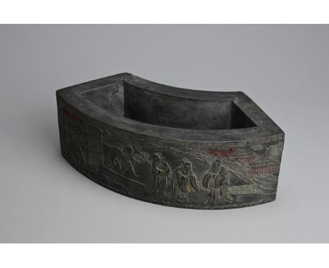 A CHINESE INK CAKE IN THE FORM OF A BRUSH WASHER, SIGNED CHENG JUNFANG. Of curved rectangular form with each side decorated i