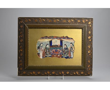 A FRAMED CHINESE PITH PAINTING, LATE 19TH CENTURY. The painting on rice paper depicting courtiers and attendants at an altar 