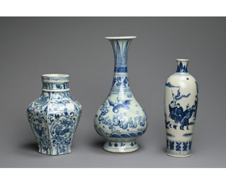 THREE CHINESE BLUE AND WHITE PORCELAIN VASES, QING DYNASTY AND LATER. Comprising: a slender tapering vase decorated with proc