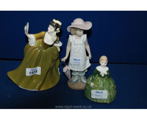 A Royal Doulton figure "Simone", a Royal Doulton figure "Belle" and a Nao figure of an Umbrella Girl