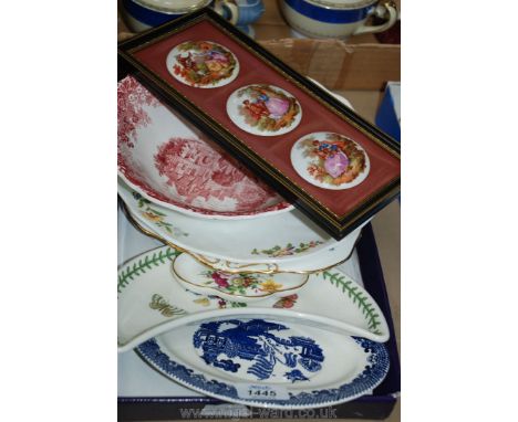 Miscellaneous china including Burslem bread and butter plate, Aynsley 'cottage garden' plate, blue willow pattern gravy boat 