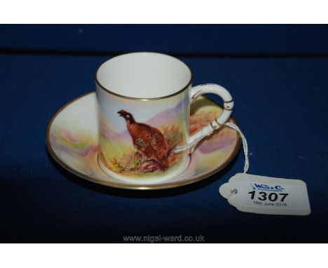A Royal Worcester porcelain coffee Cup and saucer painted in James Stinton game birds design of moorland and a grouse