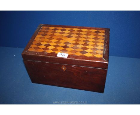 A Victorian mahogany Jewellery Box; light and dark diamond inlaid lid, revealing baize lined interior with fitted ten compart