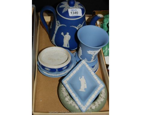 A blue Jasperware teapot, lidded pot and other Wedgwood Jasperware items