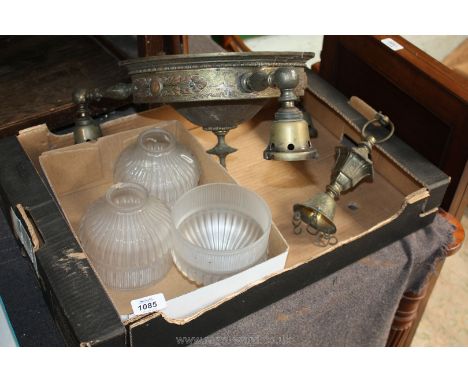 A circa 1900 circular brass Pendant Light with embossed floral decoration, ceiling finial, three tubular arms with suspension