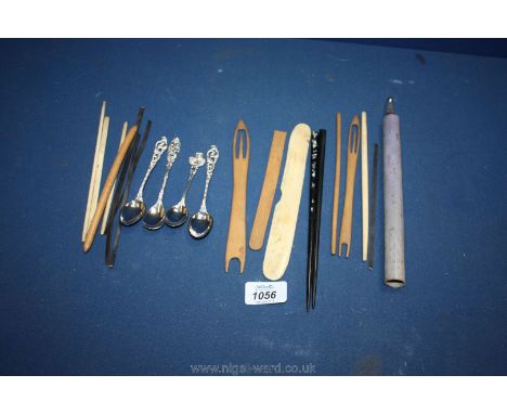 Miscellaneous wood and bone weaving Tools, dairy thermometer, chopsticks and two continental silver Spoons