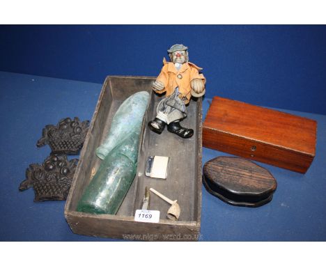 An old wooden cutlery box, a clay pipe (a/f), a Firefly lighter, a small knife, a torpedo bottle, a Kemp and Brook Chemists, 