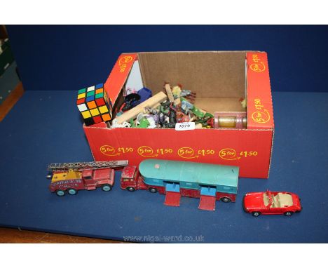 A quantity of plastic cowboys and Indians, Rubic cube, chicks, etc; and a Corgi Major Toys Horse Box, International 6x6 truck