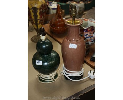 Two ceramic Table Lamps one in mottled green, the other in light brown