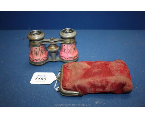 A pair of antique French silver clad pink enamel ladies Opera Glasses in case (enamel on silver, the rest base metals)