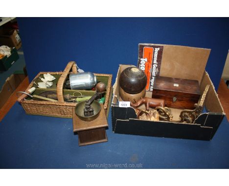A quantity of Treen including tea caddy, carved elephant's head, bowls ball, wall bracket, wicker knife tray, kitchenalia, et