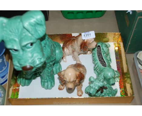 A large green Sylvac dog, pair of brown Sylvac spaniels, small Sylvac dog having a poorly leg and a green spaniel trough