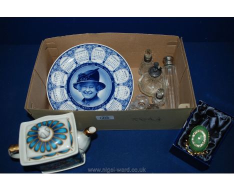 A commemorative plate, modern Sadler teapot, decorative egg and several scent bottles, etc