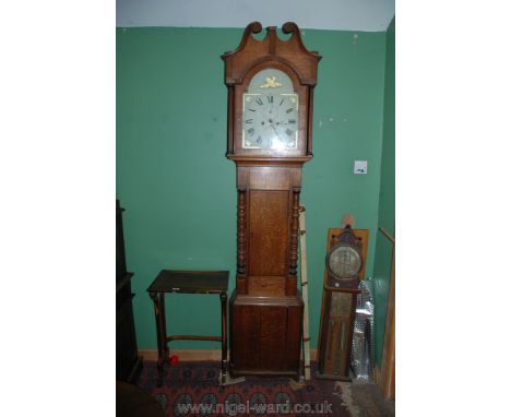 A Georgian Oak Longcase Clock, swan pediment hood with turned and fluted columns, painted Roman numeral face, W. Davies, Weob