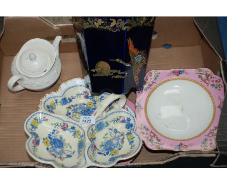 A quantity of china to include Crown Ducal stemmed cake plate, Aynsley wild strawberry plate with no pots, Mason's segmented 