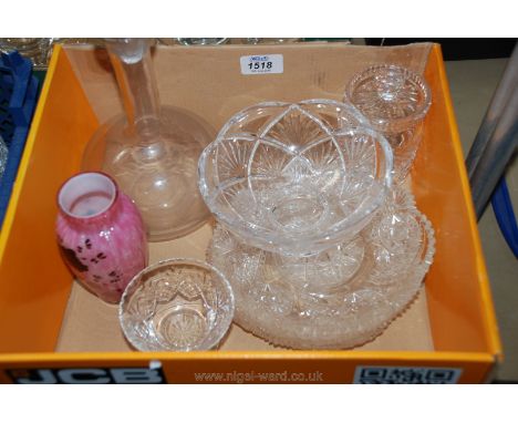 A quantity of glass including a decanter and stopper, pink glass studio vase, lidded jars, bowls, etc