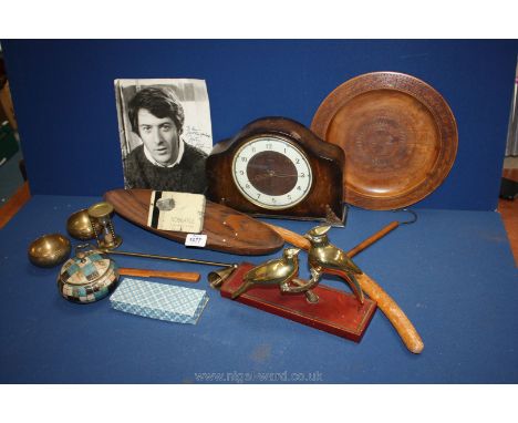 A quantity of miscellaneous including Smiths Mantle Clock, treen, brass ornament, etc