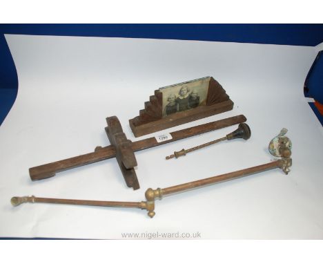 A carpenter's large marking gauge, an Art Deco free-standing photo frame, a hand operated burr type borer/drill and an old br