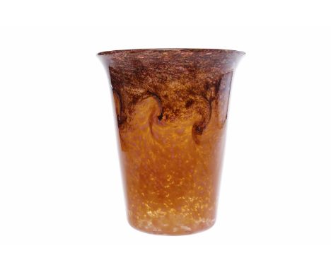 ART GLASS VASE IN THE MONART FASHIONof tapering cylindrical form, decorated with mottled plum and orange ground with gold ave
