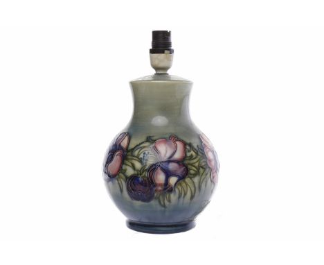 MOORCROFT 'ANEMONE' PATTERN LAMP BASEtube-lined with pink and blue flowers on a mottled green-blue ground, impressed mark and