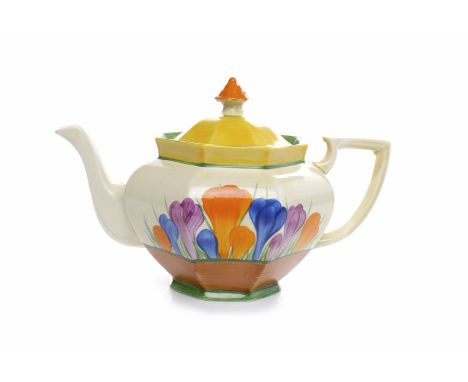 CLARICE CLIFF 'CROCUS' PATTERN ATHENS TEAPOT AND COVERpainted with sprays of crocus flowers with yellow, brown and green band